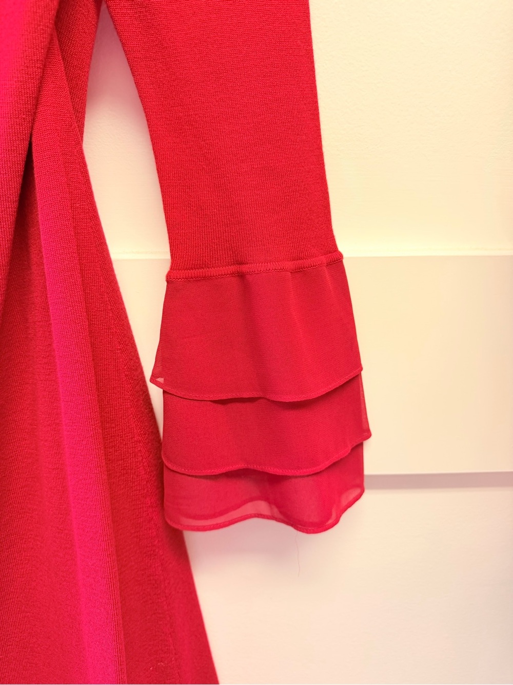 Calvin Klein Red Long-Sleeve A-Line Dress with Tiered Sheer Cuffs - Picture 2 of 6